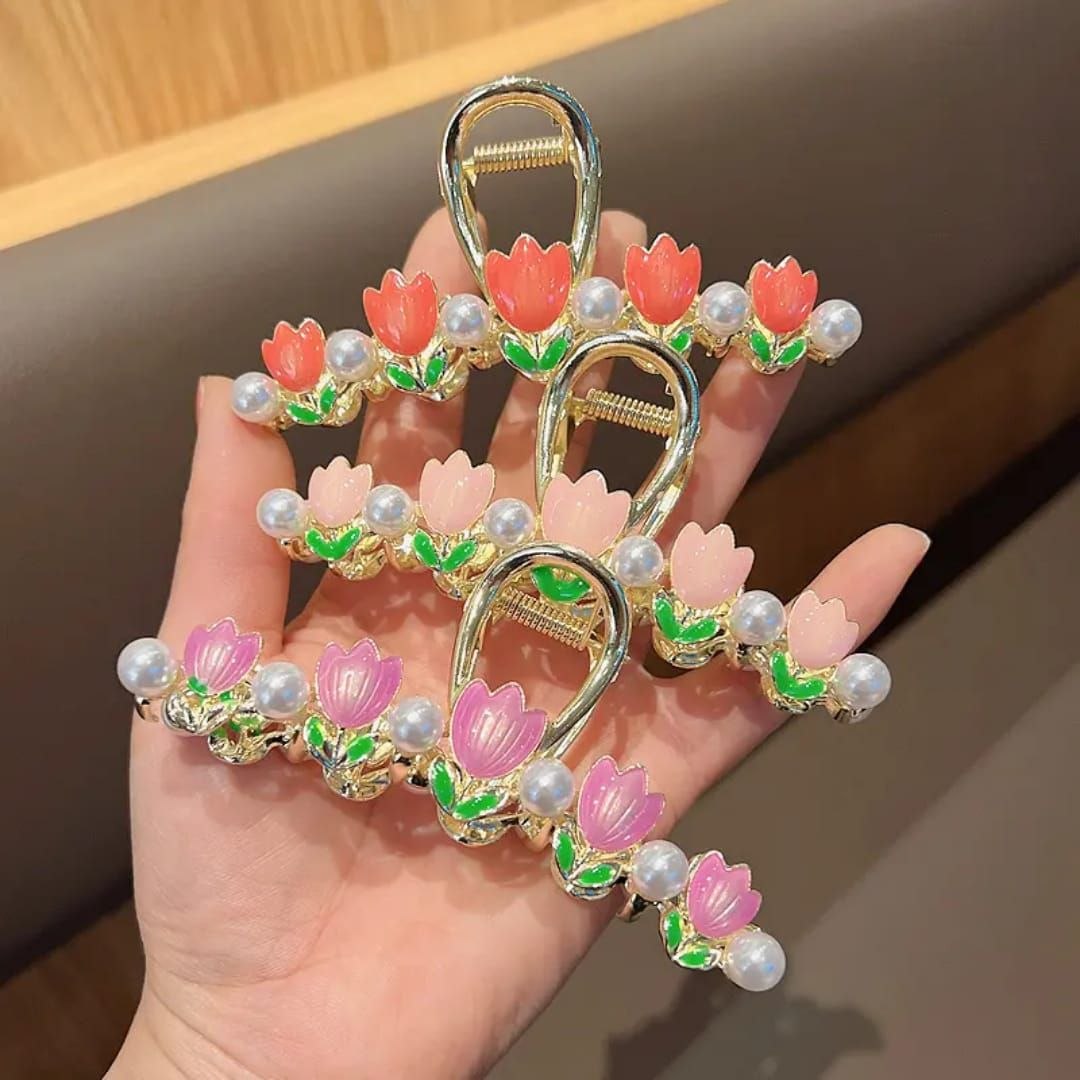 Korean Metal Tulip Pearl Hair Clutcher