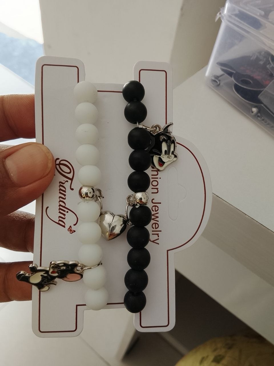 Couple Magnetic Heart Bracelet Set – Black & White Beads