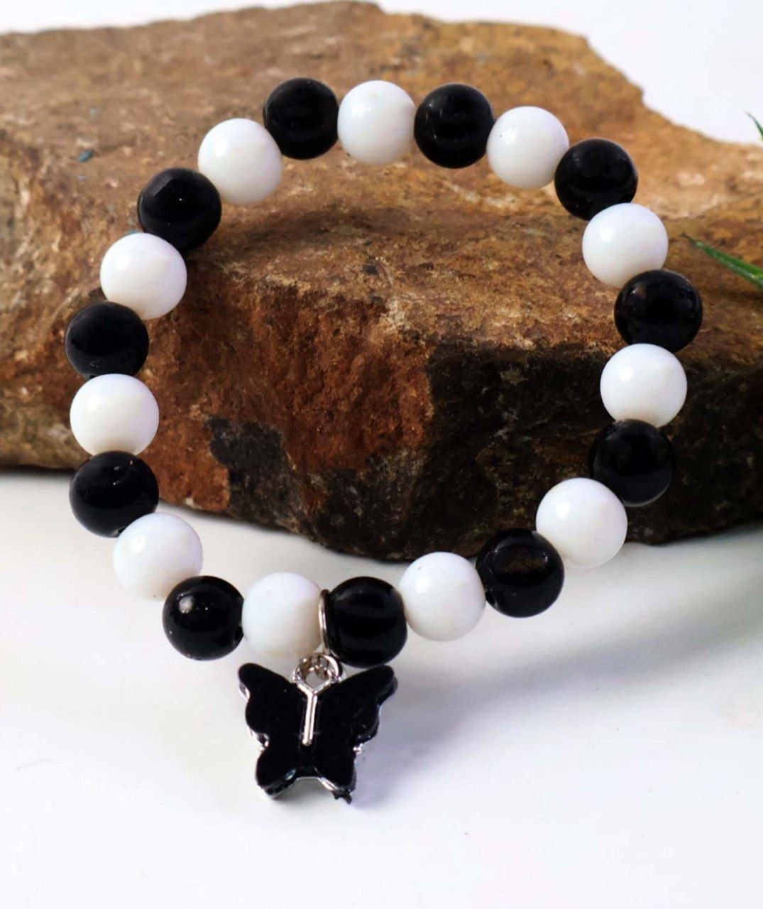 Black & White Butterfly Charm Beaded Bracelet