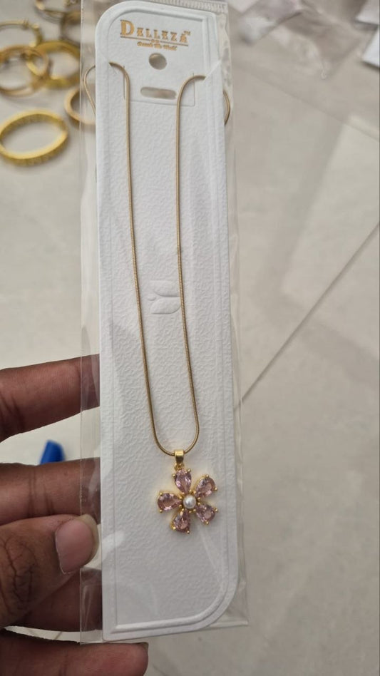 Anti-Tarnish Gold Plated Pink Stone Flower necklace for women