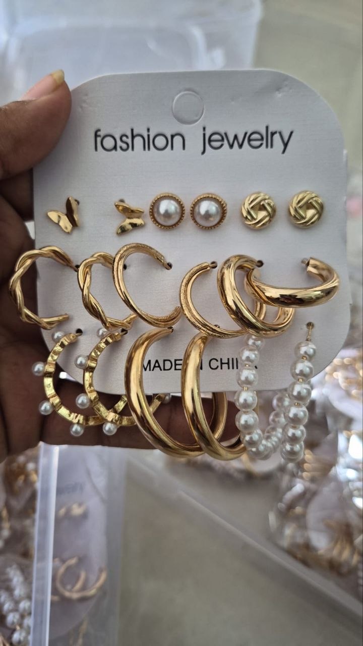 Korean Fashion Multi Hoop & Pearl Earrings Set Of 9 pair
