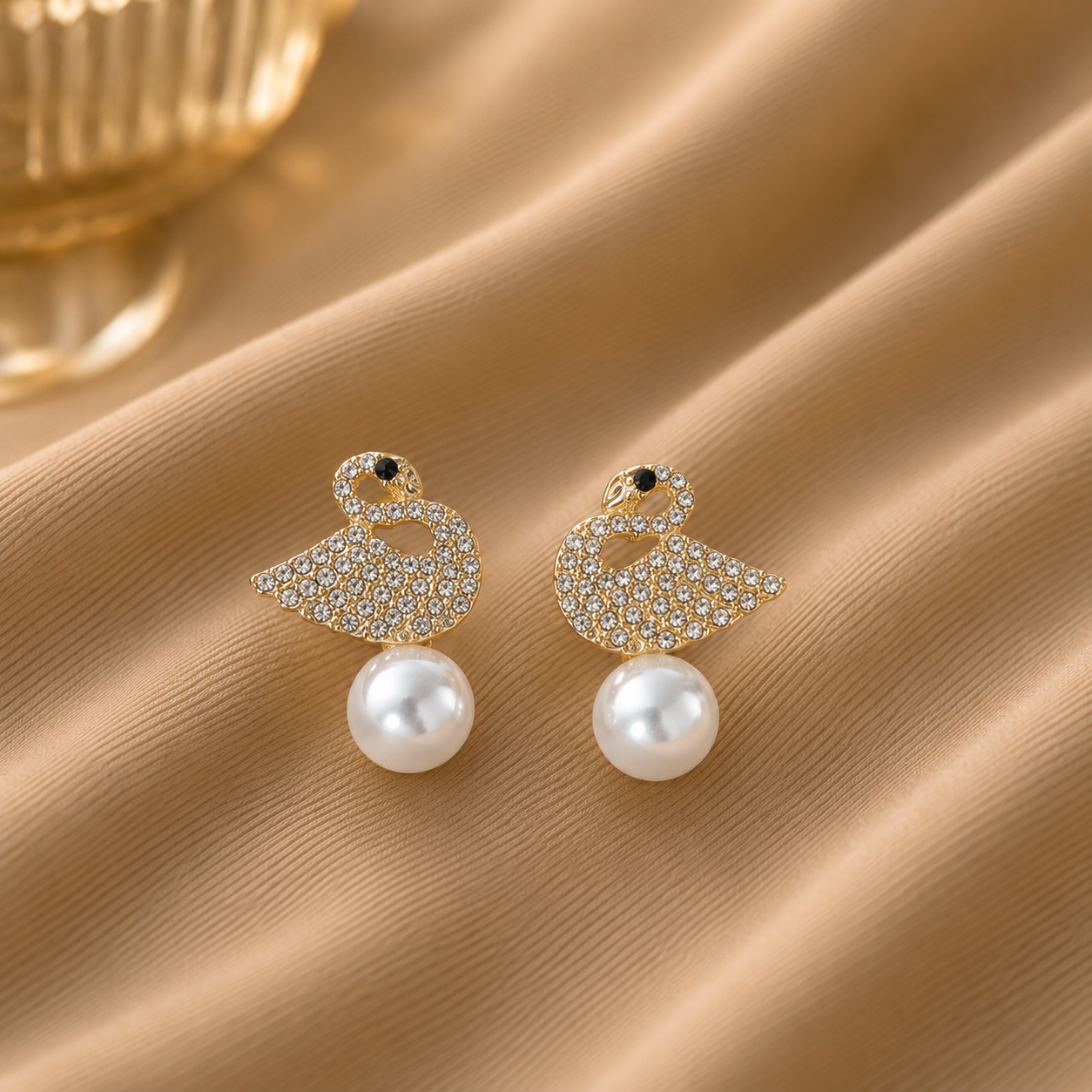 Korean Design Crystal Swan Pearl Earrings