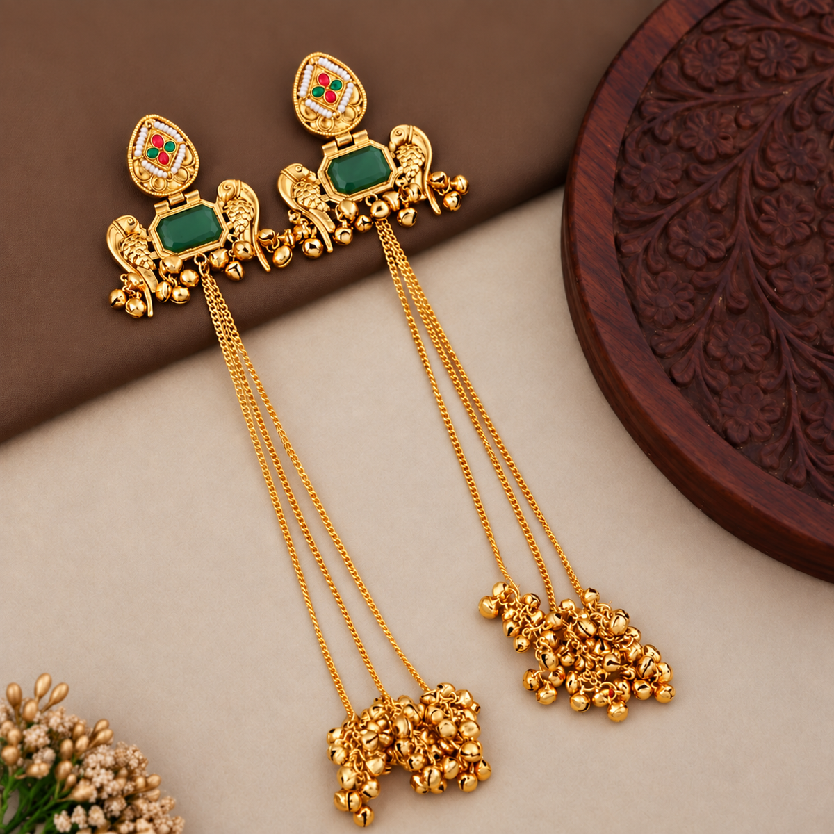 Traditional Kashmiri Long Chain Jhumka with green stone