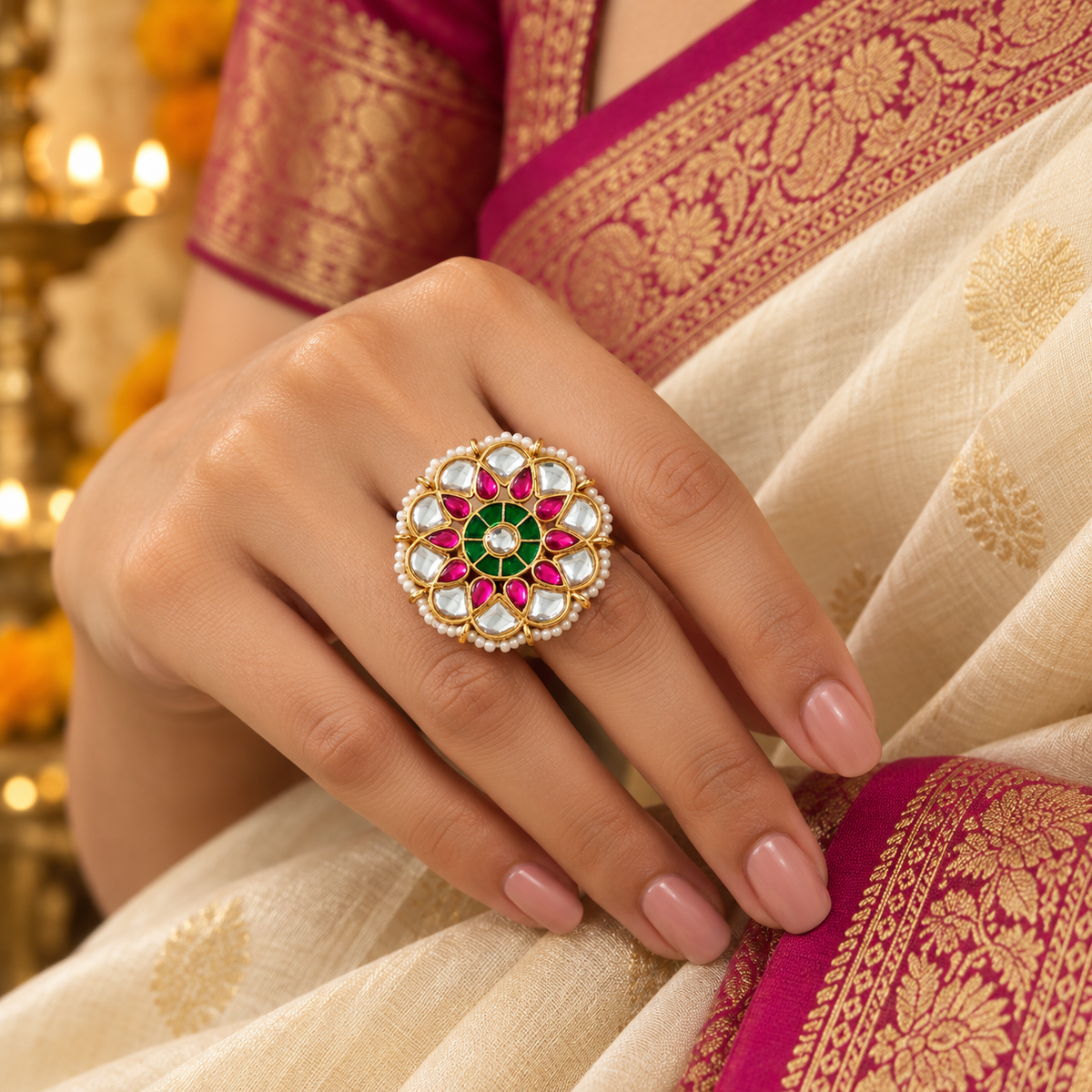 Traditional pink and White mundan ring