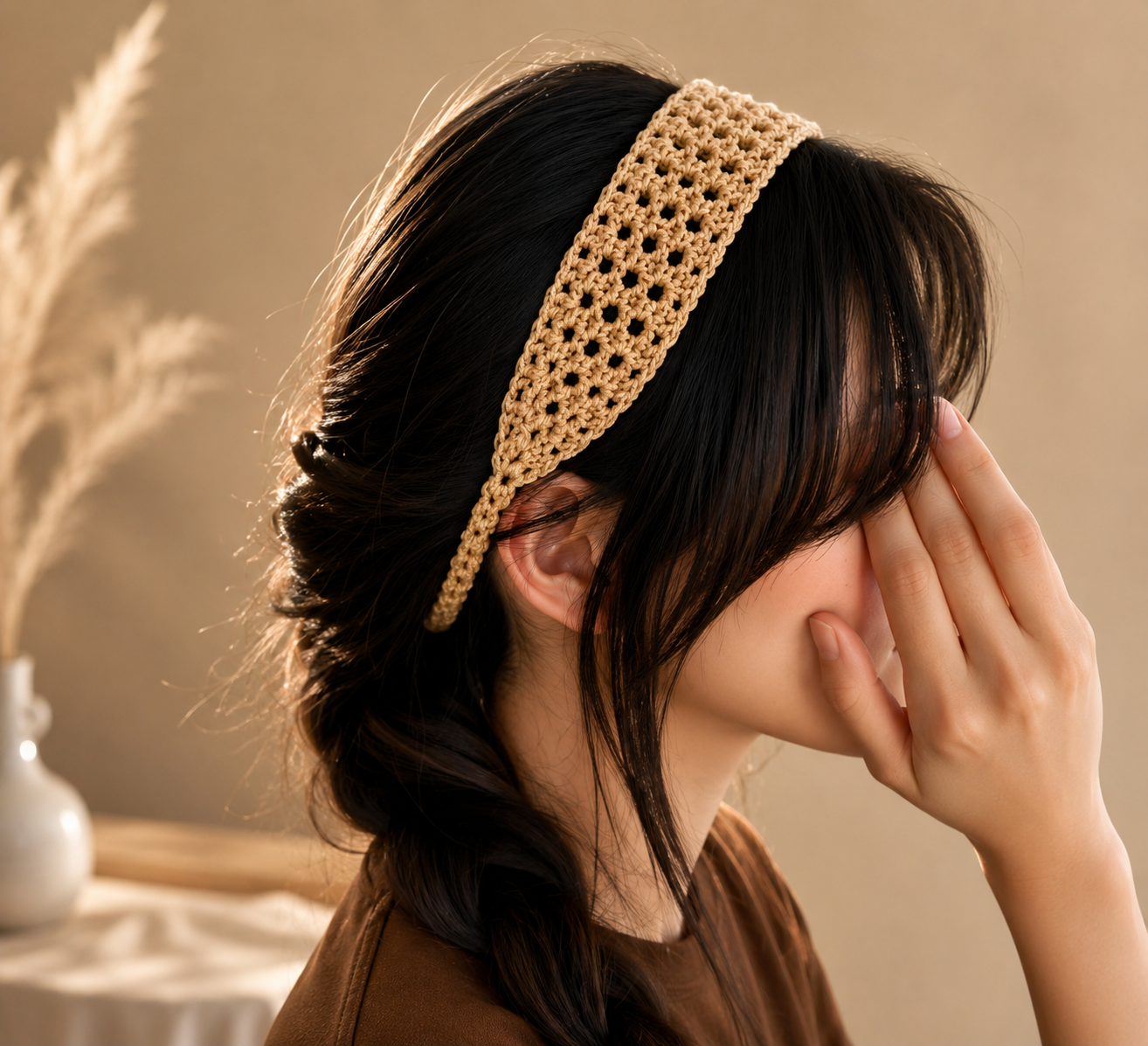 Set of 2 pcs crochet handmade coffee colour mesh headband