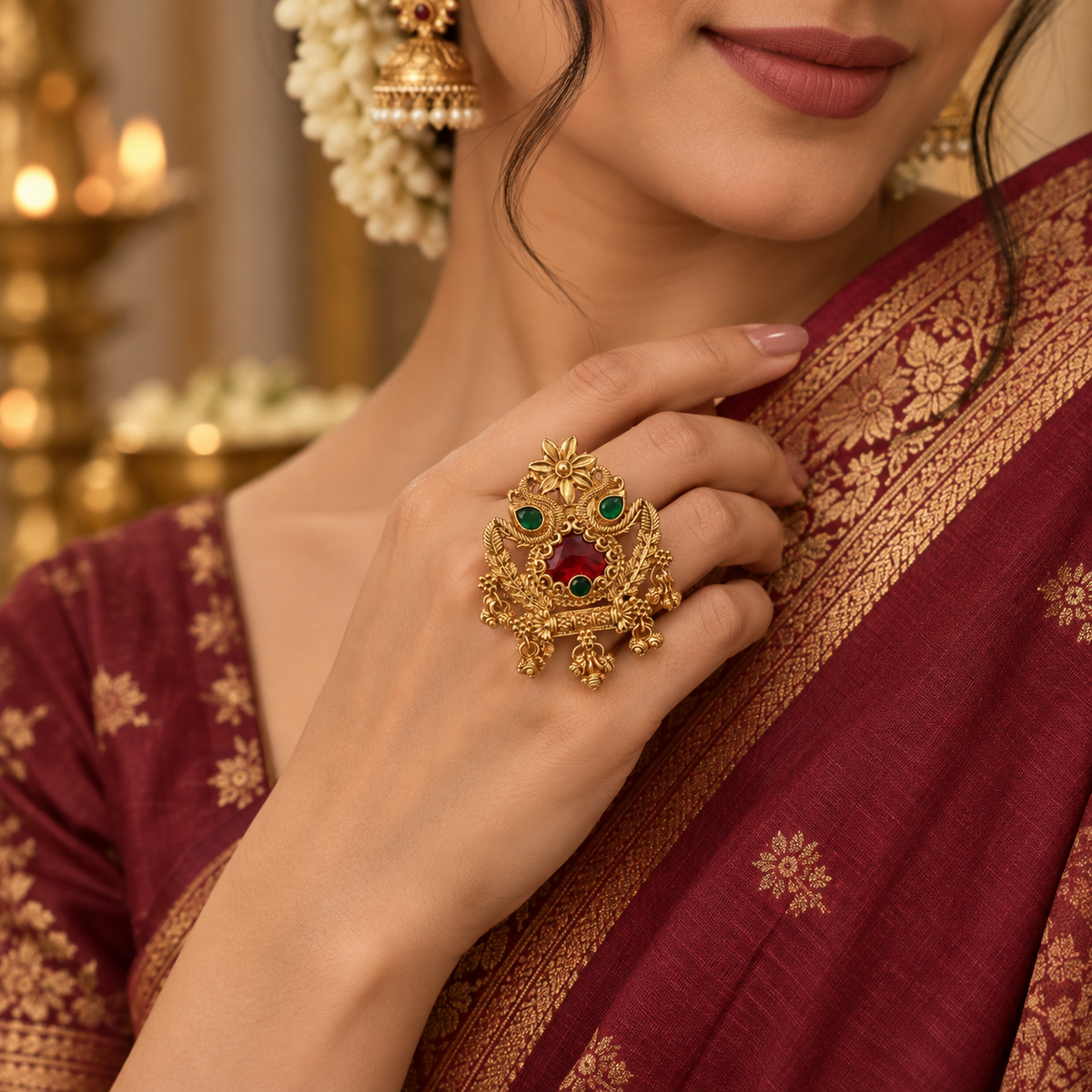 Traditional Peacock Temple Statement Ring