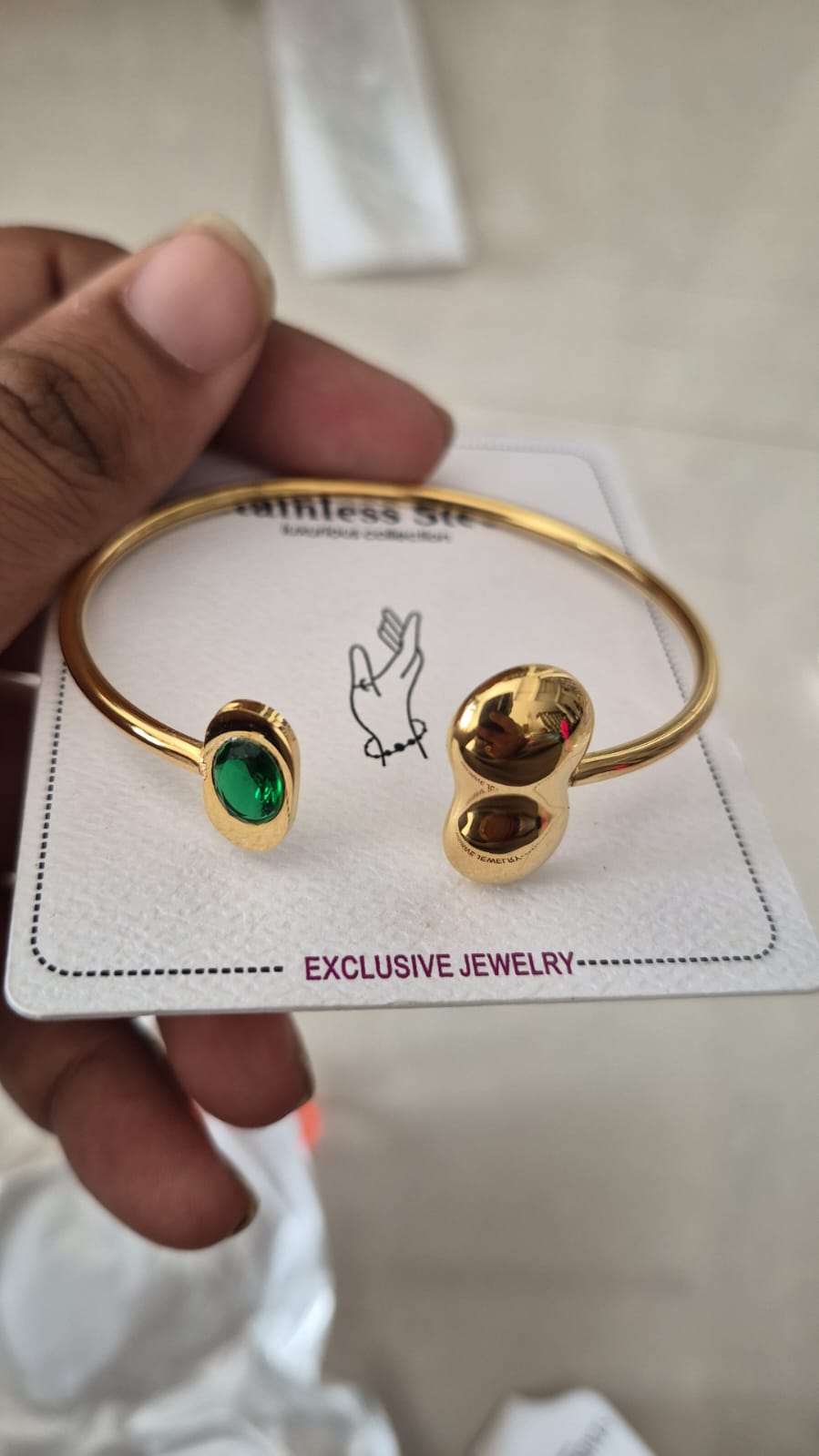 stainless-steel open green stone cuff bracelet
