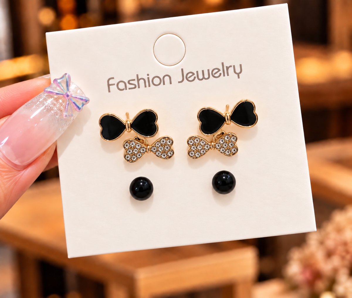 Korean-style gold plated black bow studs earring