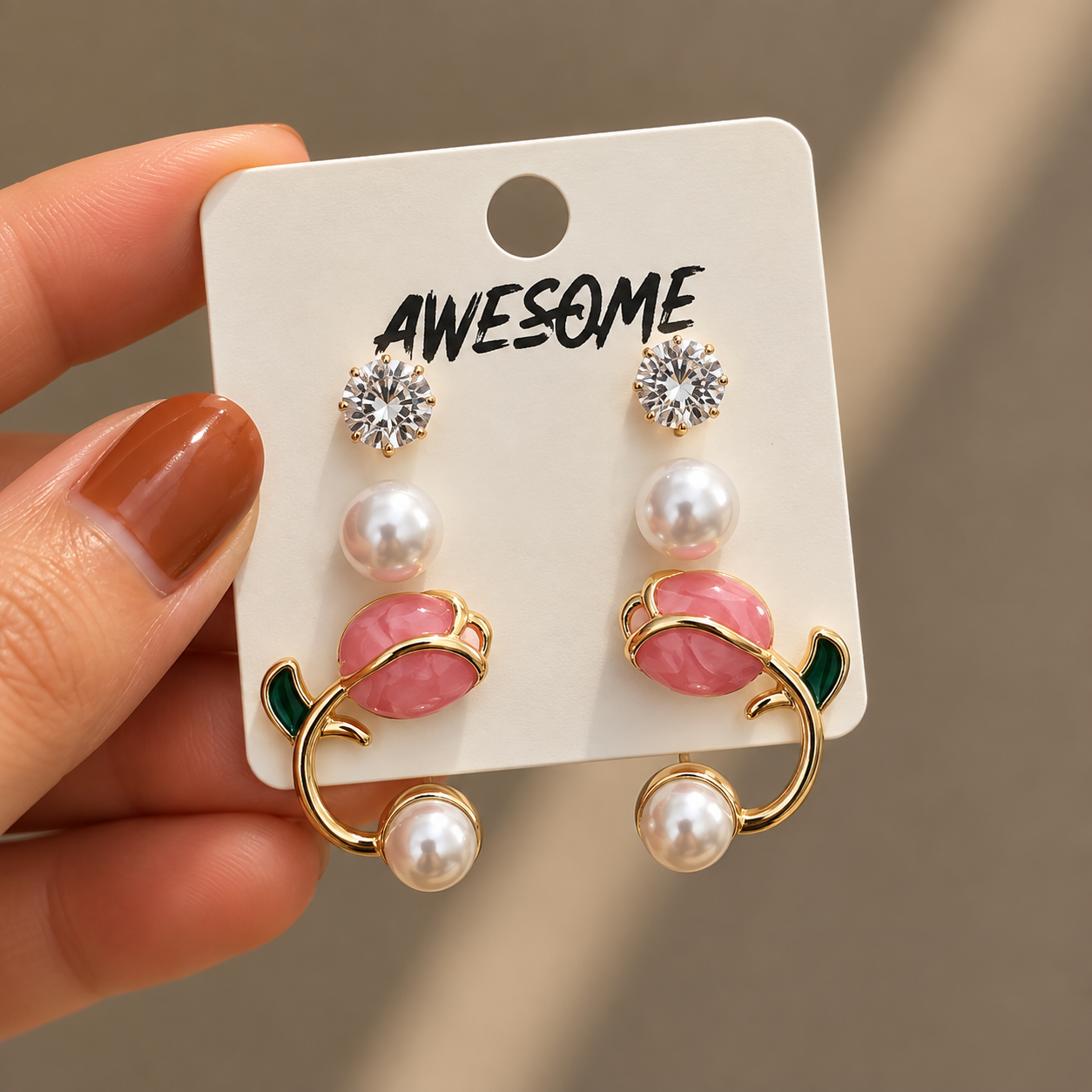 Set of 3 pair Korean tulip , pearl & diamond earrings