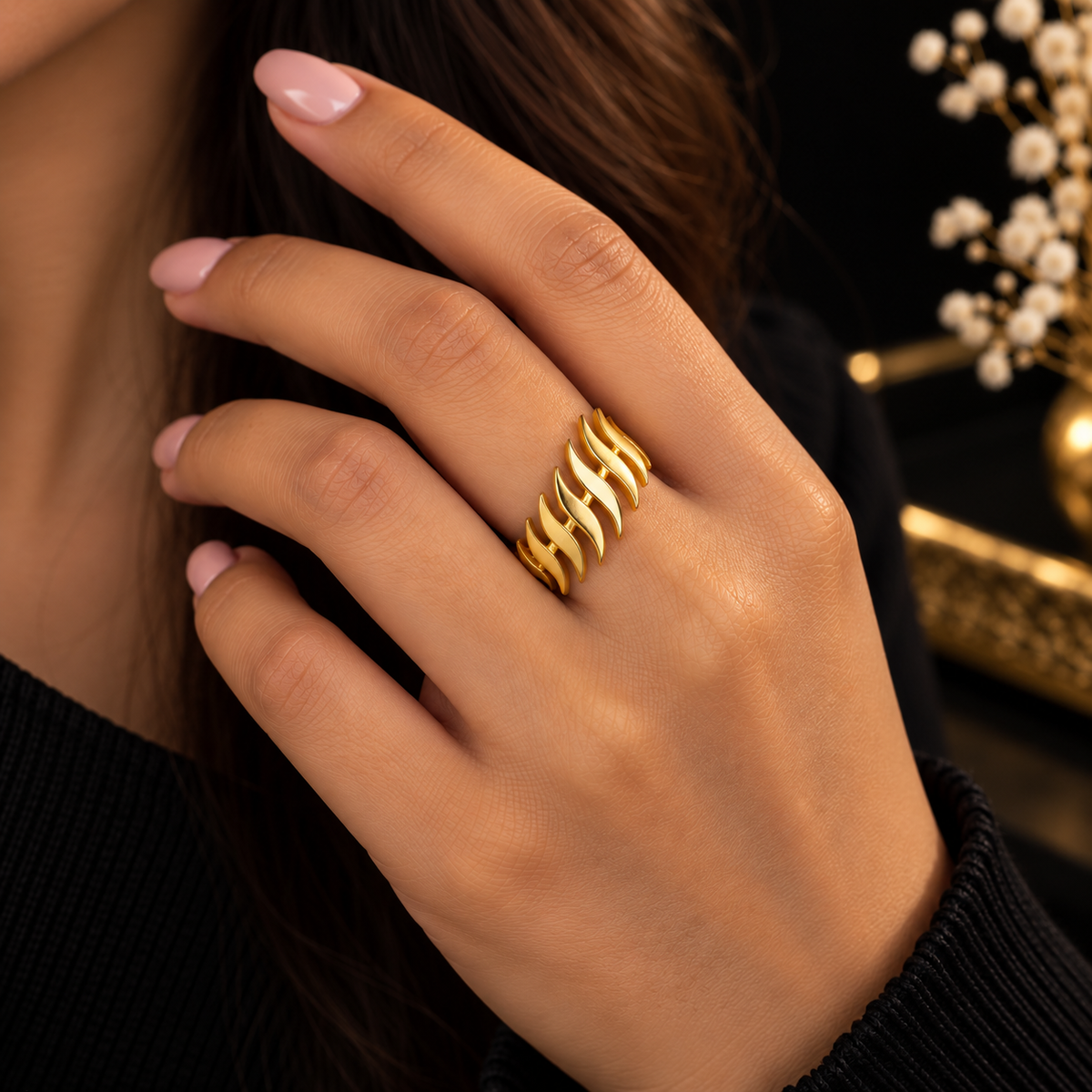 Golden Leaf Pattern Adjustable Ring