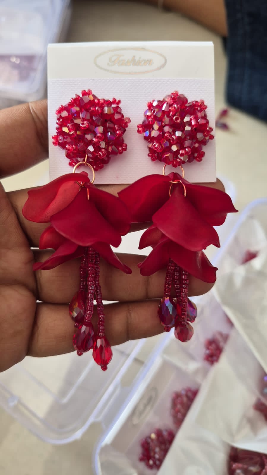 Crimson Petal Red Crystal Drop Earrings