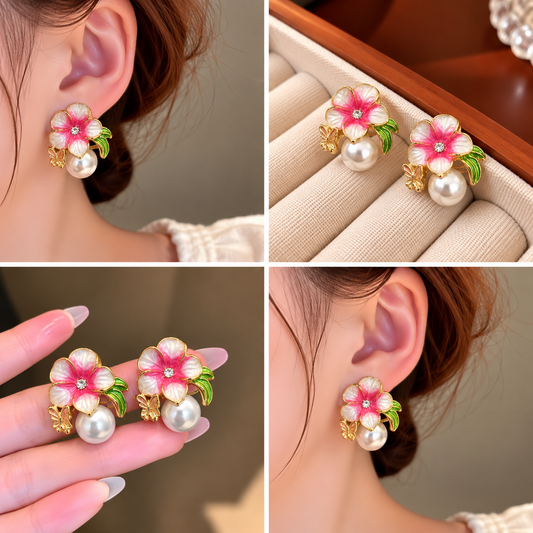 Korean-style enamel floral and pearl drop stud earrings