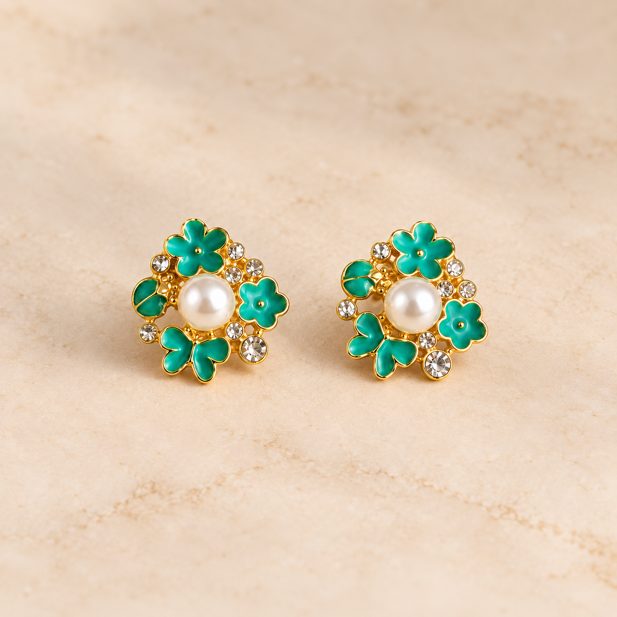 Light green Pearl Floral Crystal Stud Earrings