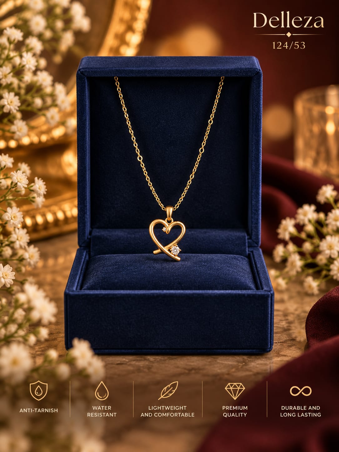 Anti tarnished open-heart loop accented with small stone stud necklace