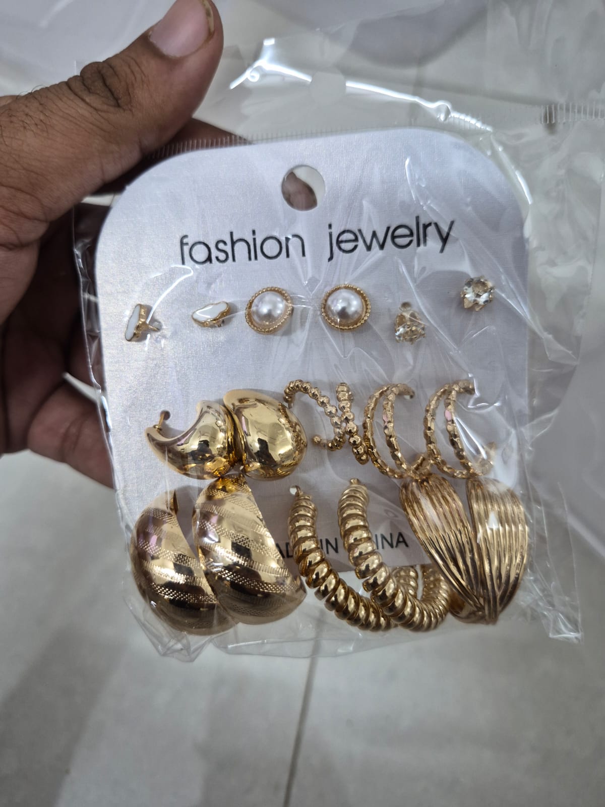 Set of 9 pair Golden Pearl Hoop And Stud Earrings Set