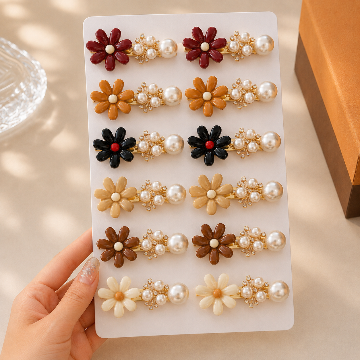 Set of 12 pcs floral pearl hair clips daisy-shaped.