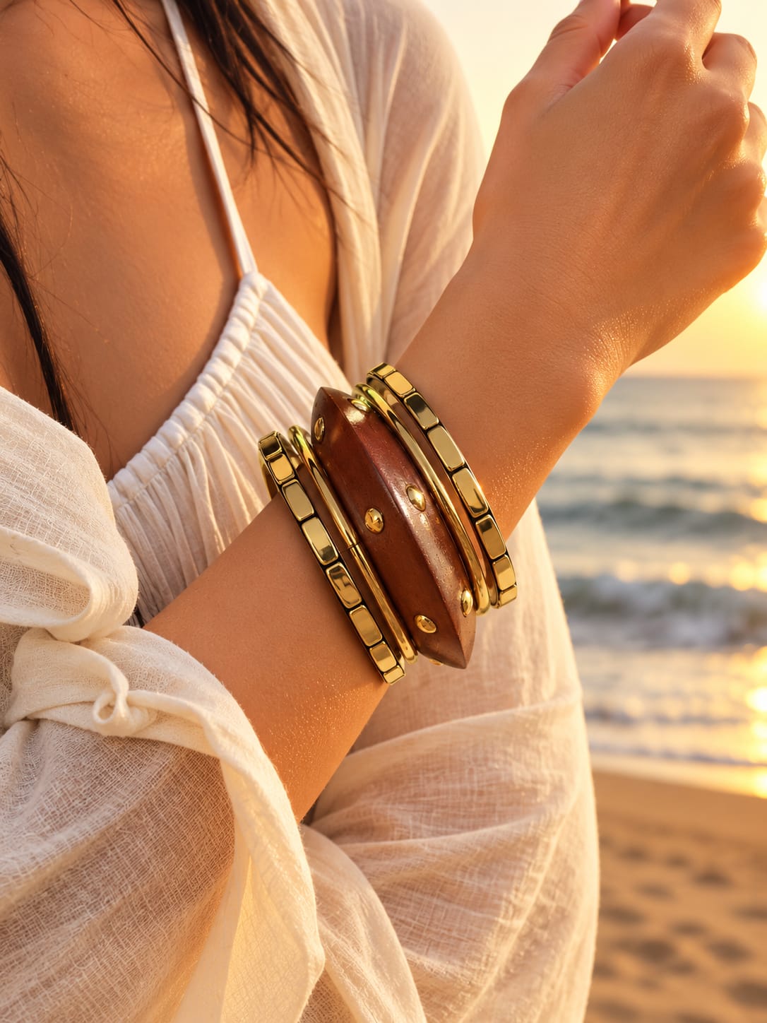 Set of 5 pcs Wooden & Gold Brass Bangle Set for Women