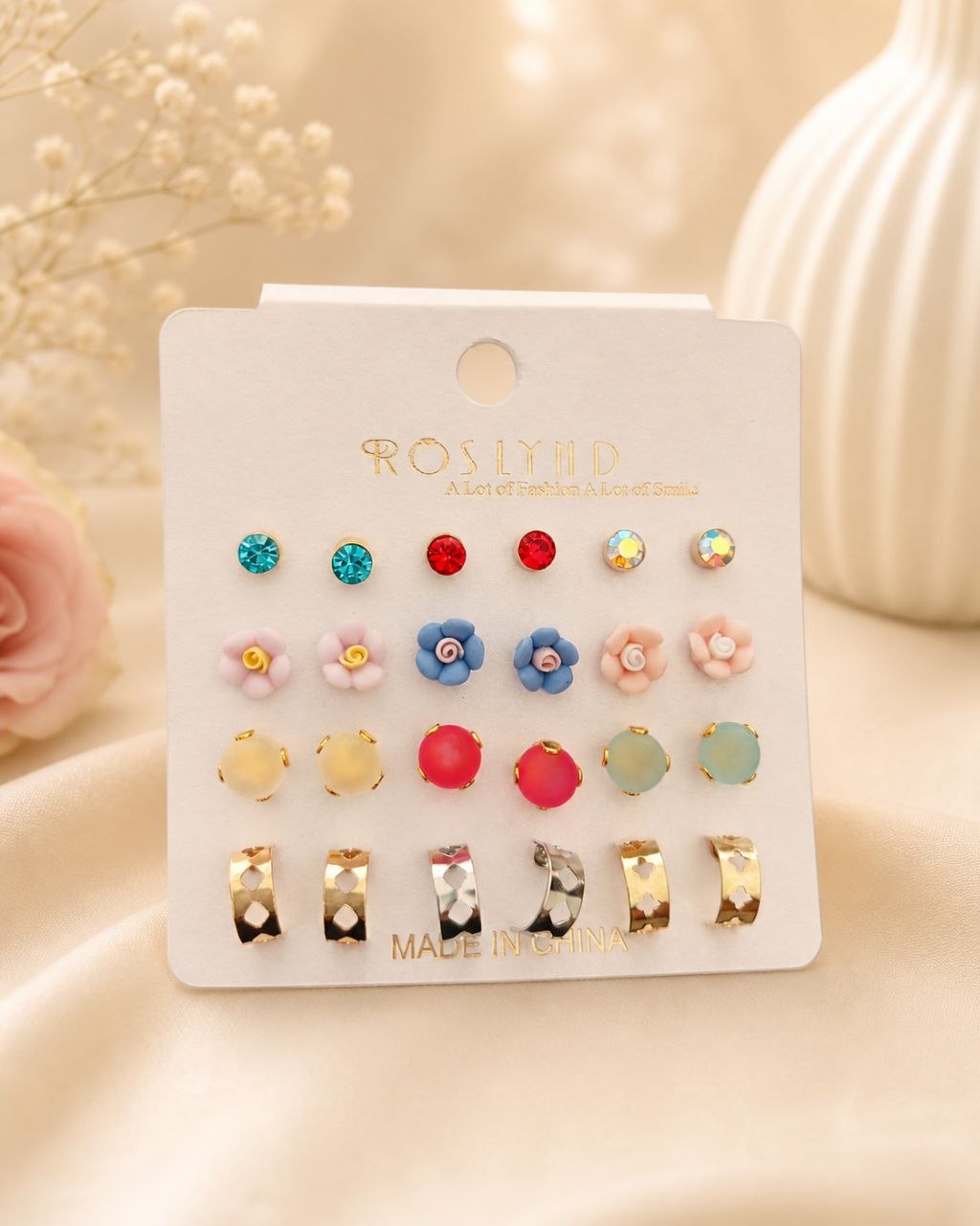 Korean Flower & Crystal Combo Earrings Set – 12 Pair Stylish Stud Collection