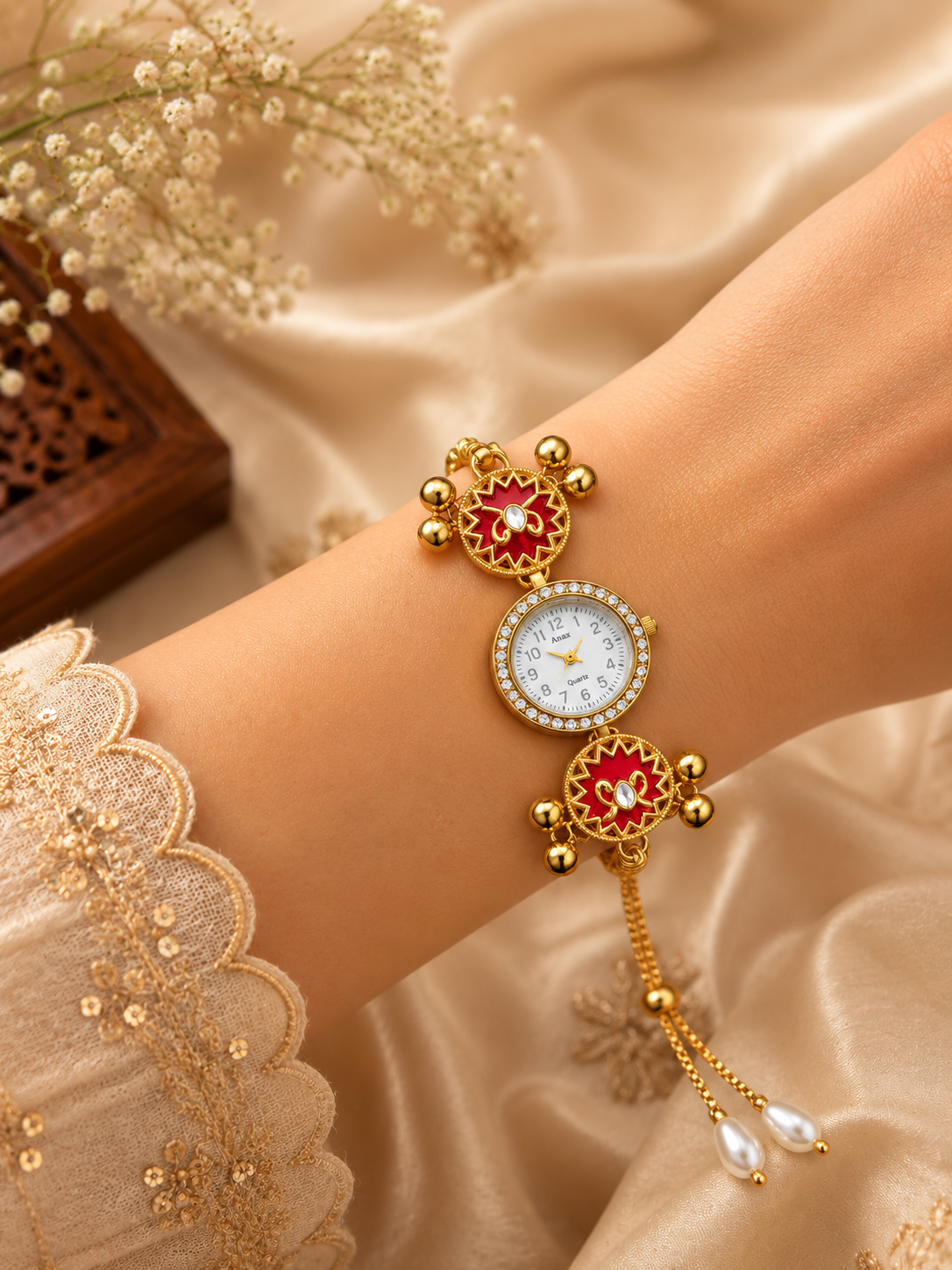 Red d Meenakari and Kundan-studded floral design kashmiri watch