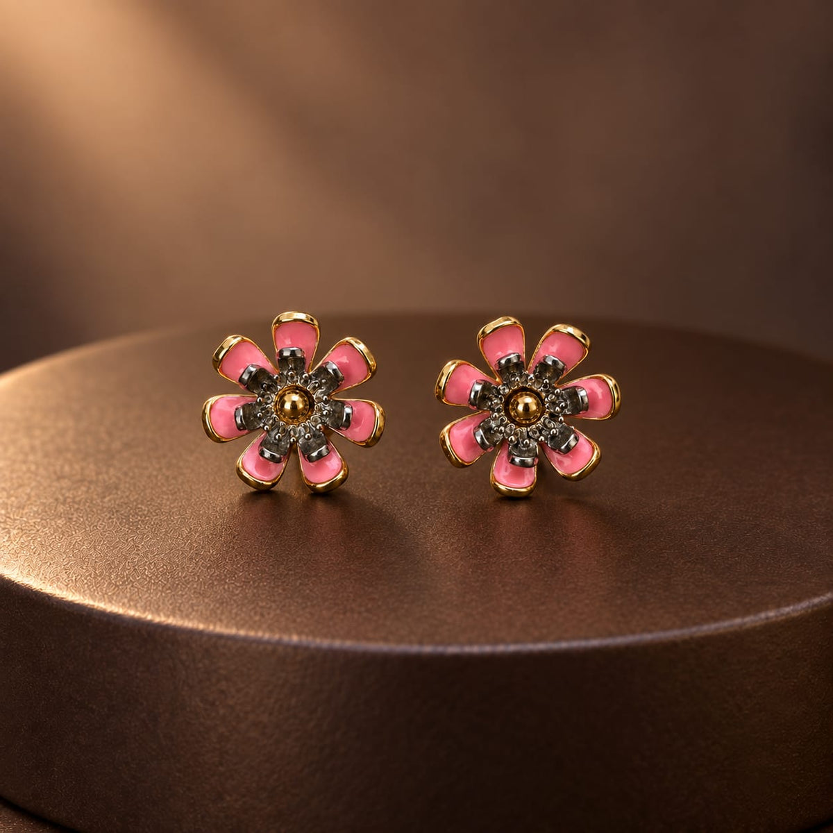 Pink & Black Floral Stud Earrings