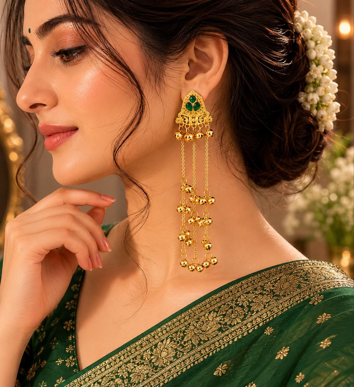 Kashmiri long dangling earring adorned with green stone