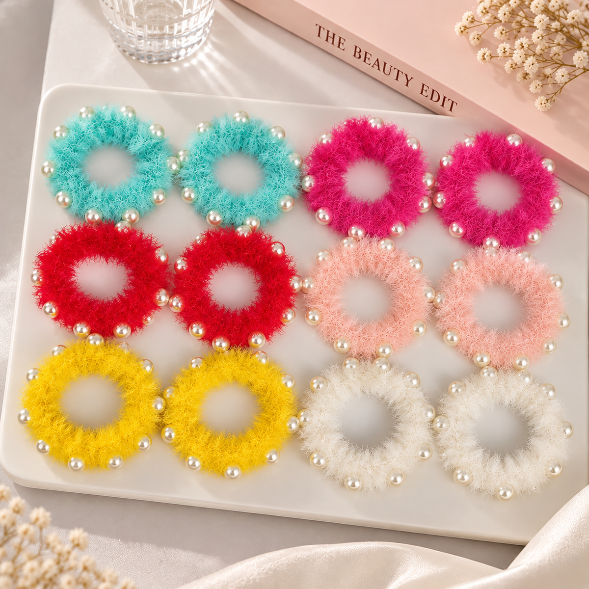 Furr with pearls hair rubber band Set of 12 pcs