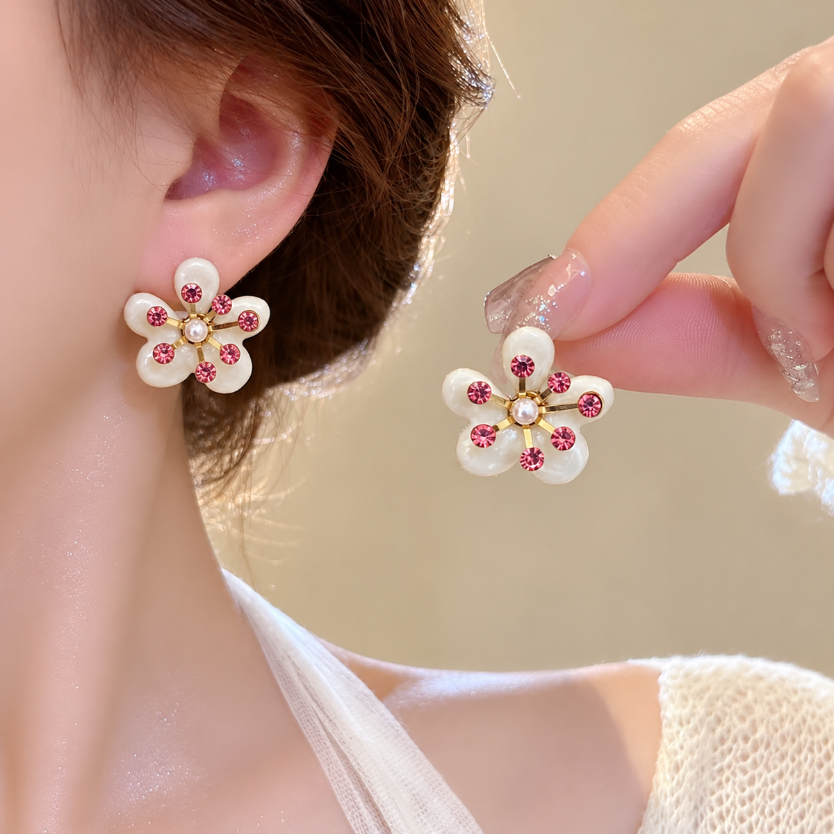 five-petal flower stud earring with pink crystal stone