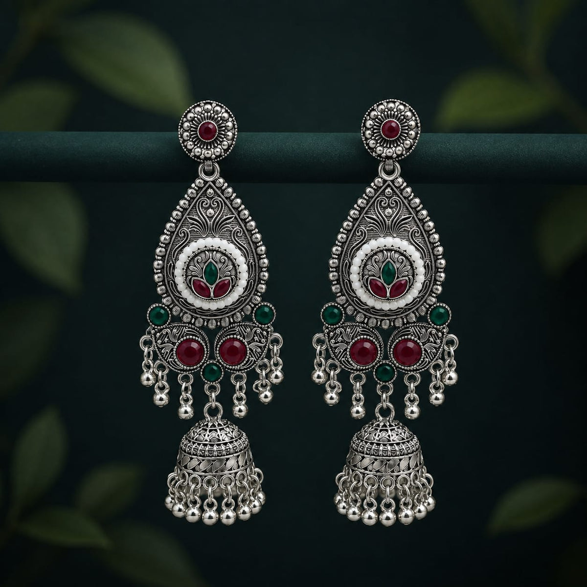 Traditional silver-oxidized teardrop jhumka earring
