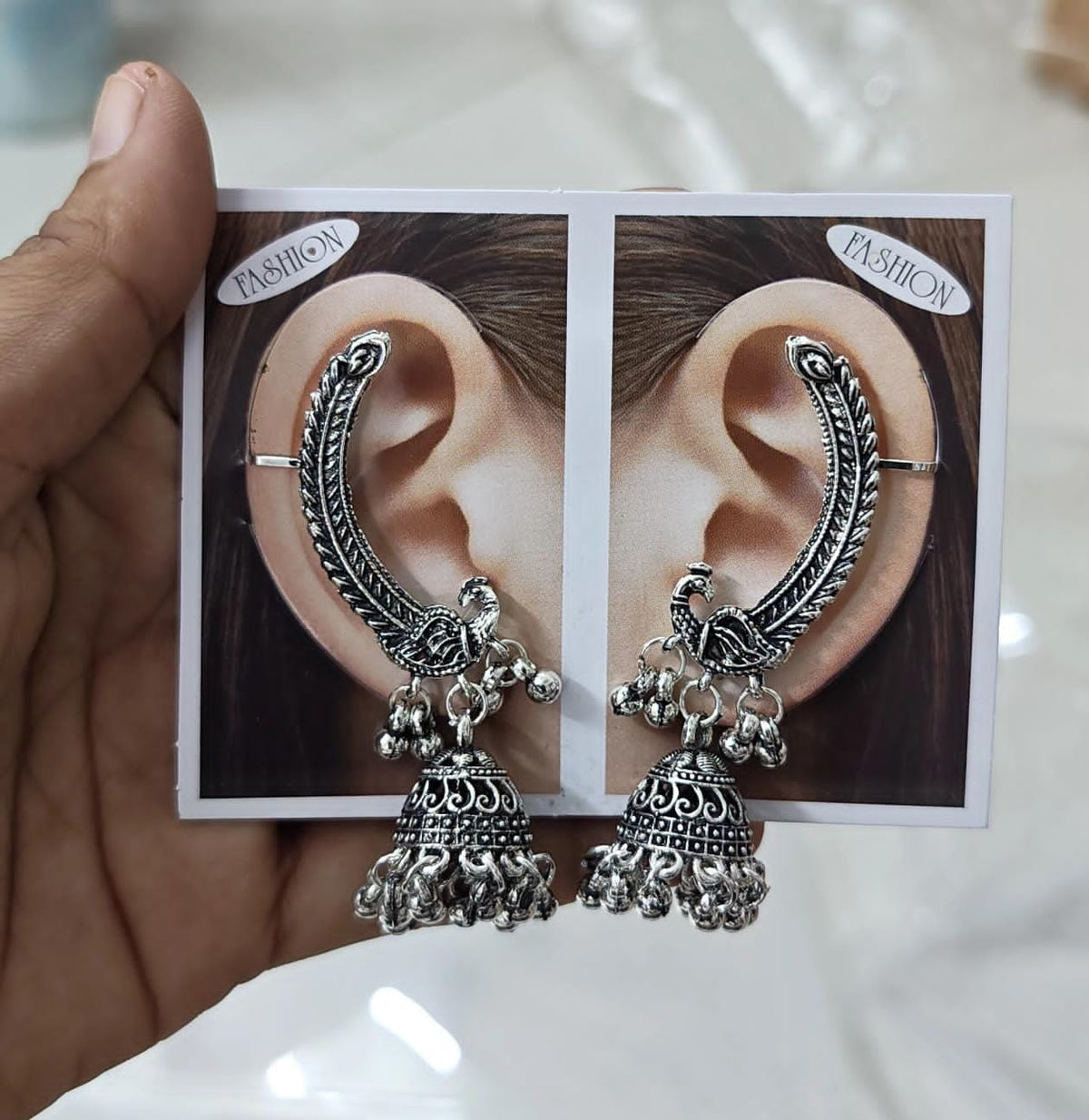 Set of 2 Oxidised Silver Peacock Jhumka Ear Cuffs