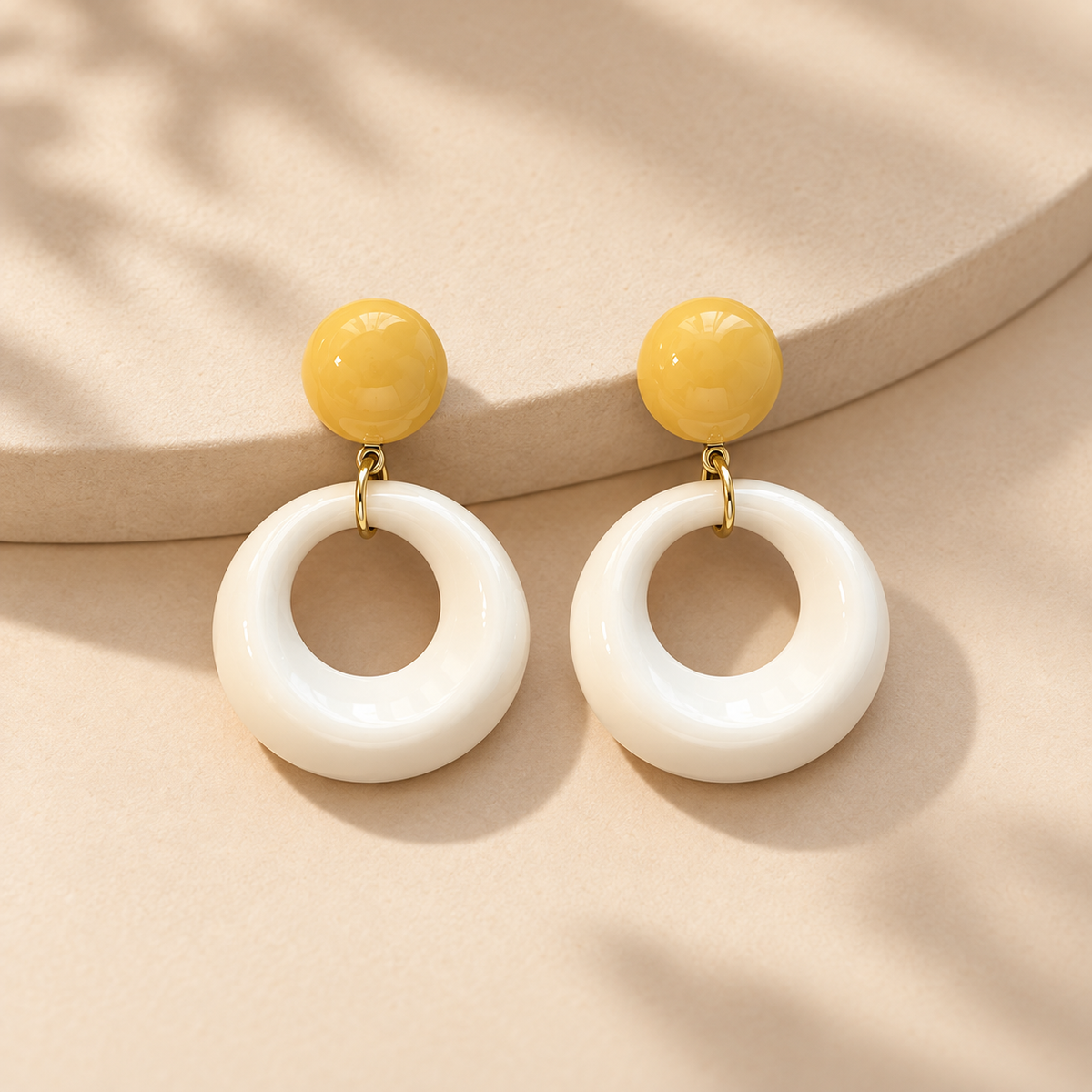 Yellow and Ivory Resin Hoop Drop Earrings