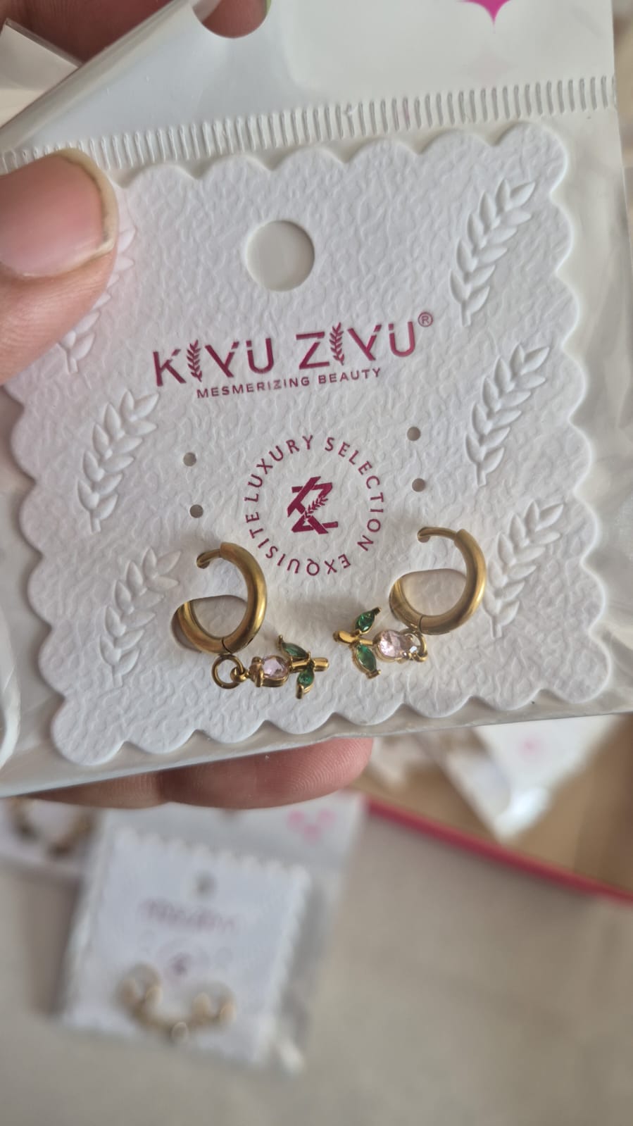 Kiyu ziyu anti tarnished pink and green tulip hoop earrings