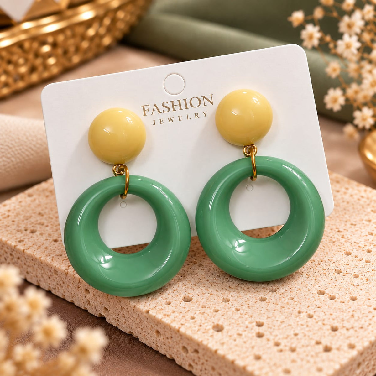 Gree and yellow Resin Hoop Drop Earrings