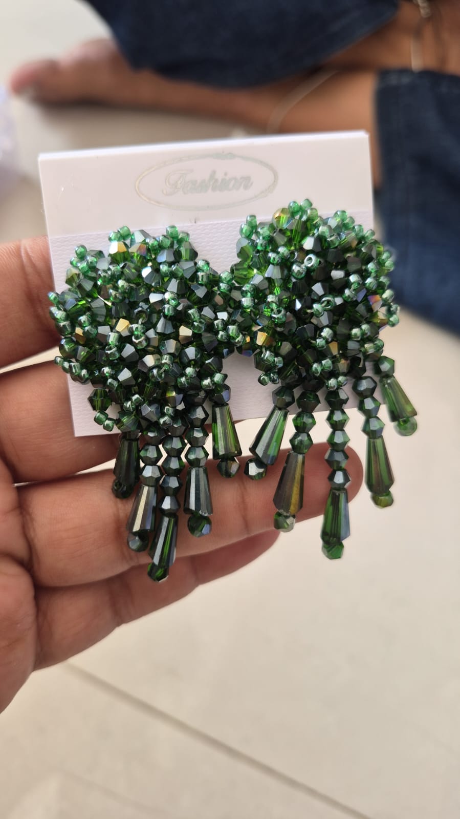 Green beaded and faceted crystal chandelier drop earring
