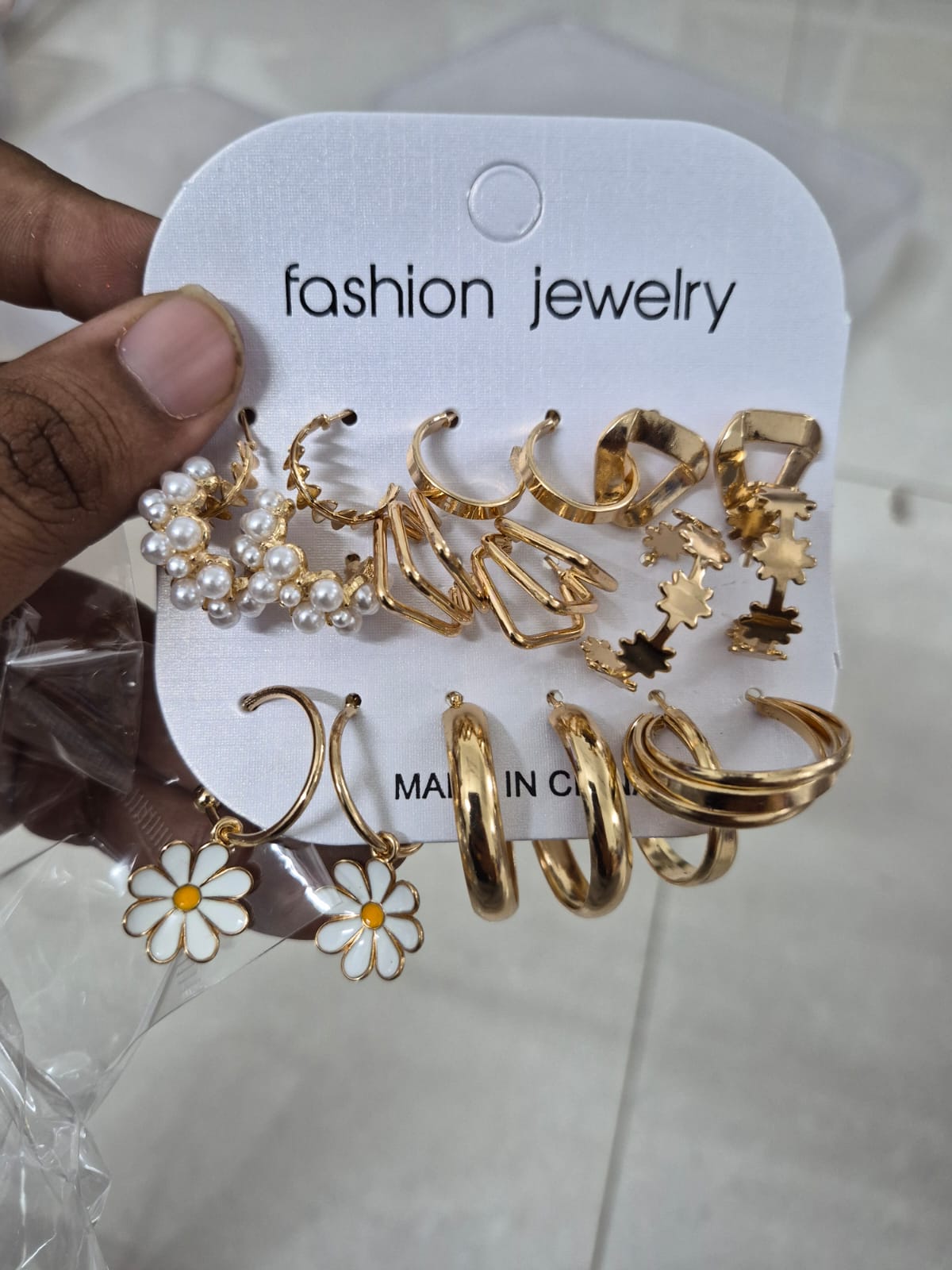 Set of 9 pair Golden Pearl Hoop And Stud Earrings Set