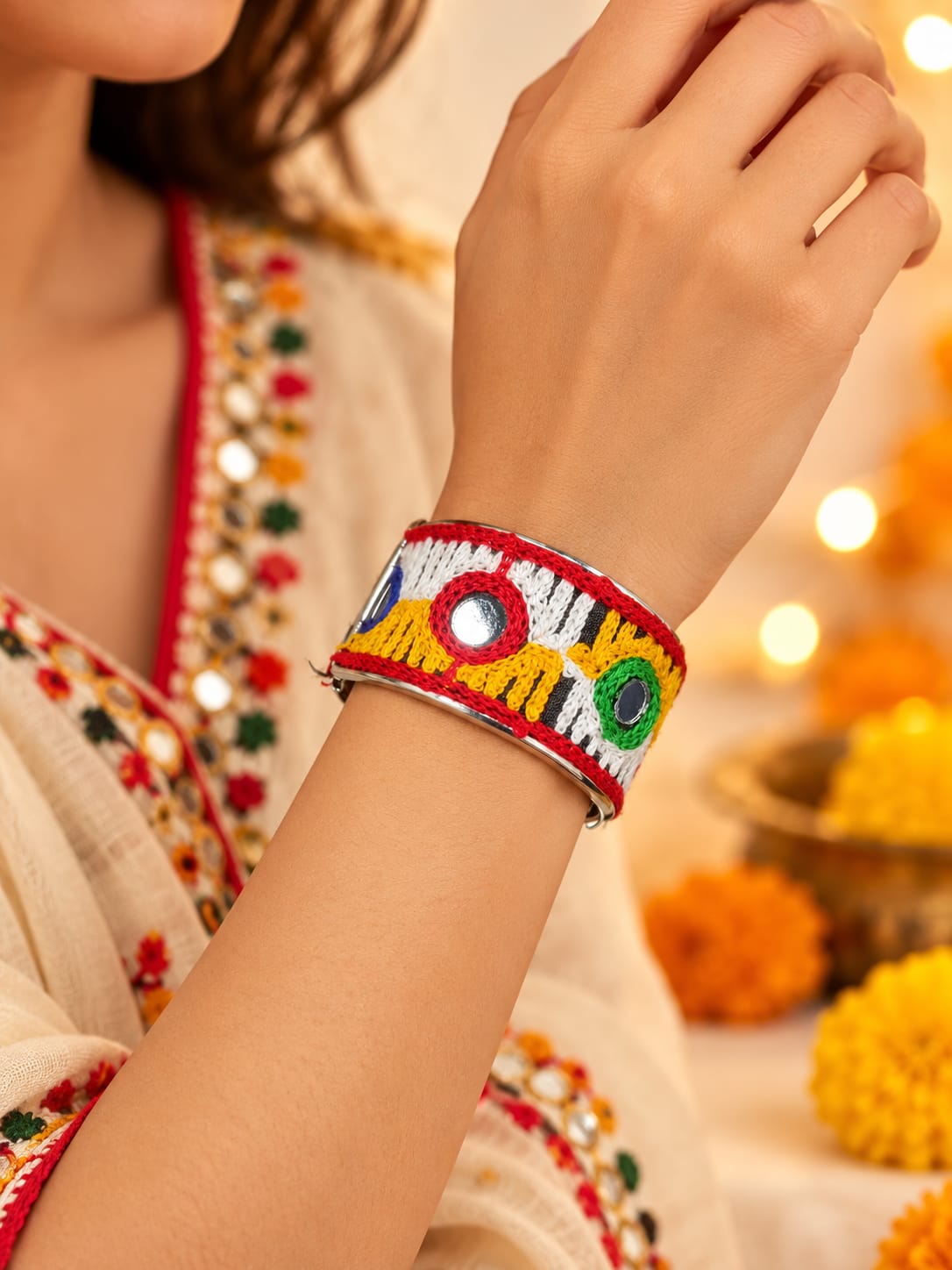 Navratri thread-work and mirror-work cuff bracelet (kada).