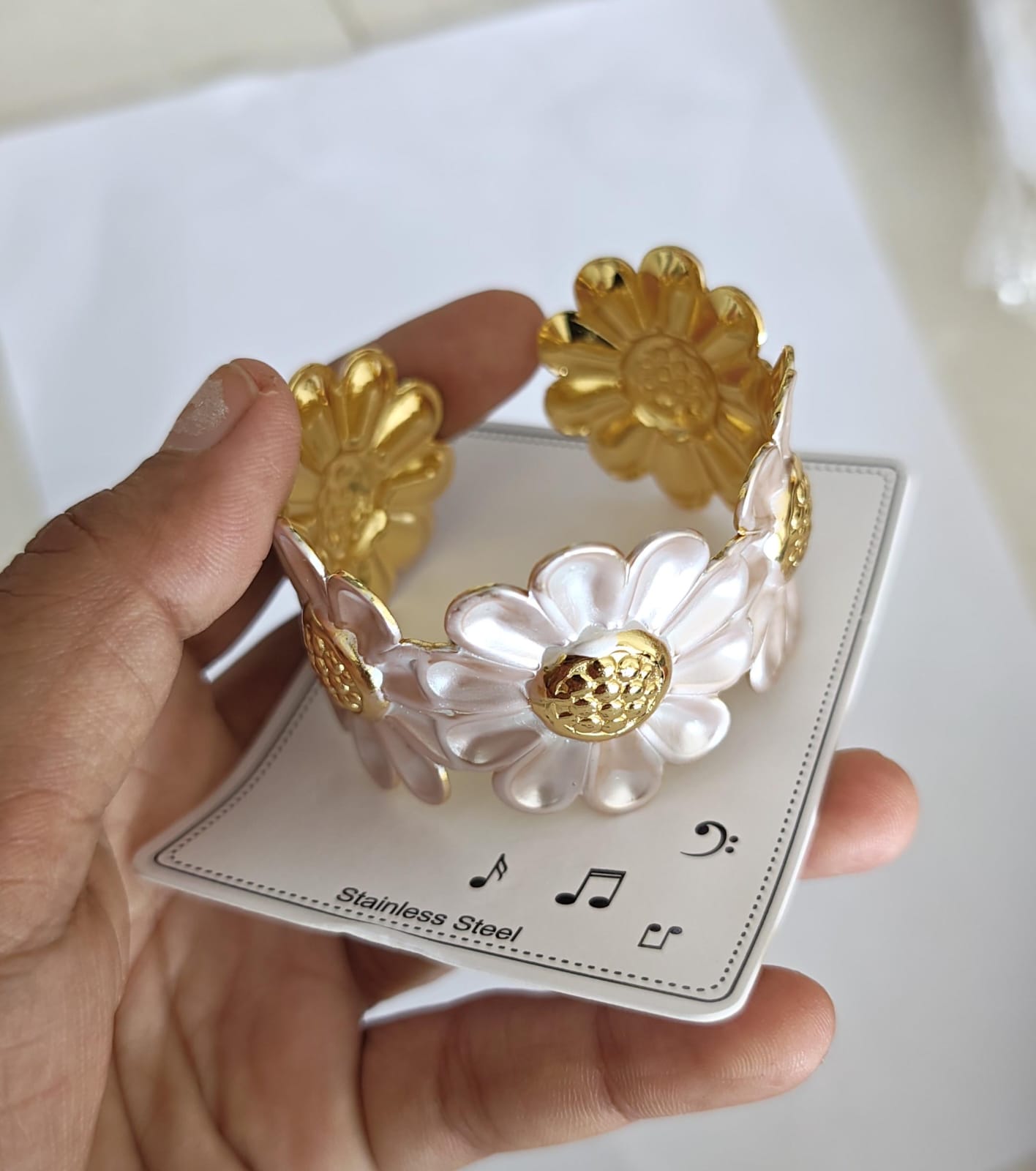 white flower enamel open cuff stainless steel bracelet