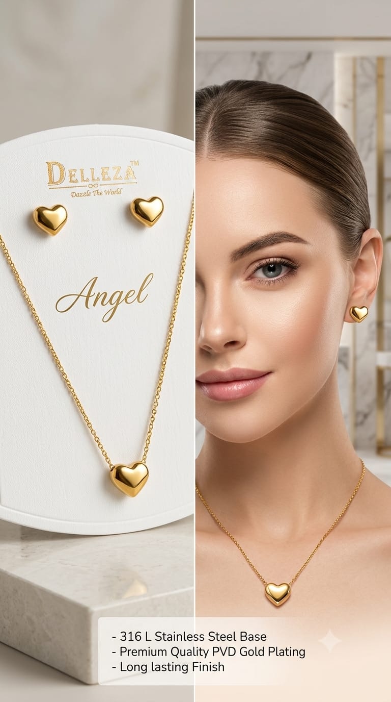 Stainless steel heart shape necklace and matching earring