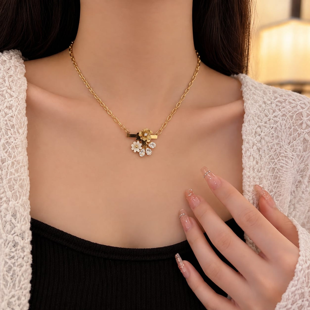 Golden Floral Crystal Charm Necklace