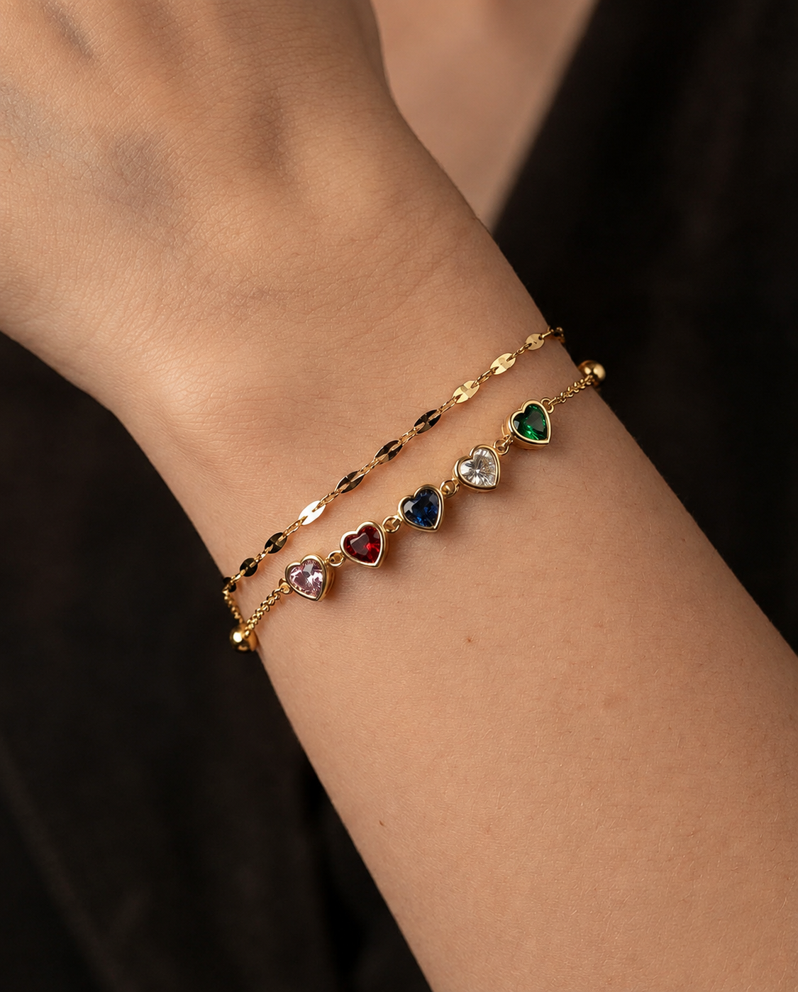 Cubic zirconia heart-shaped charms 2 layer bracelet anti tarnished