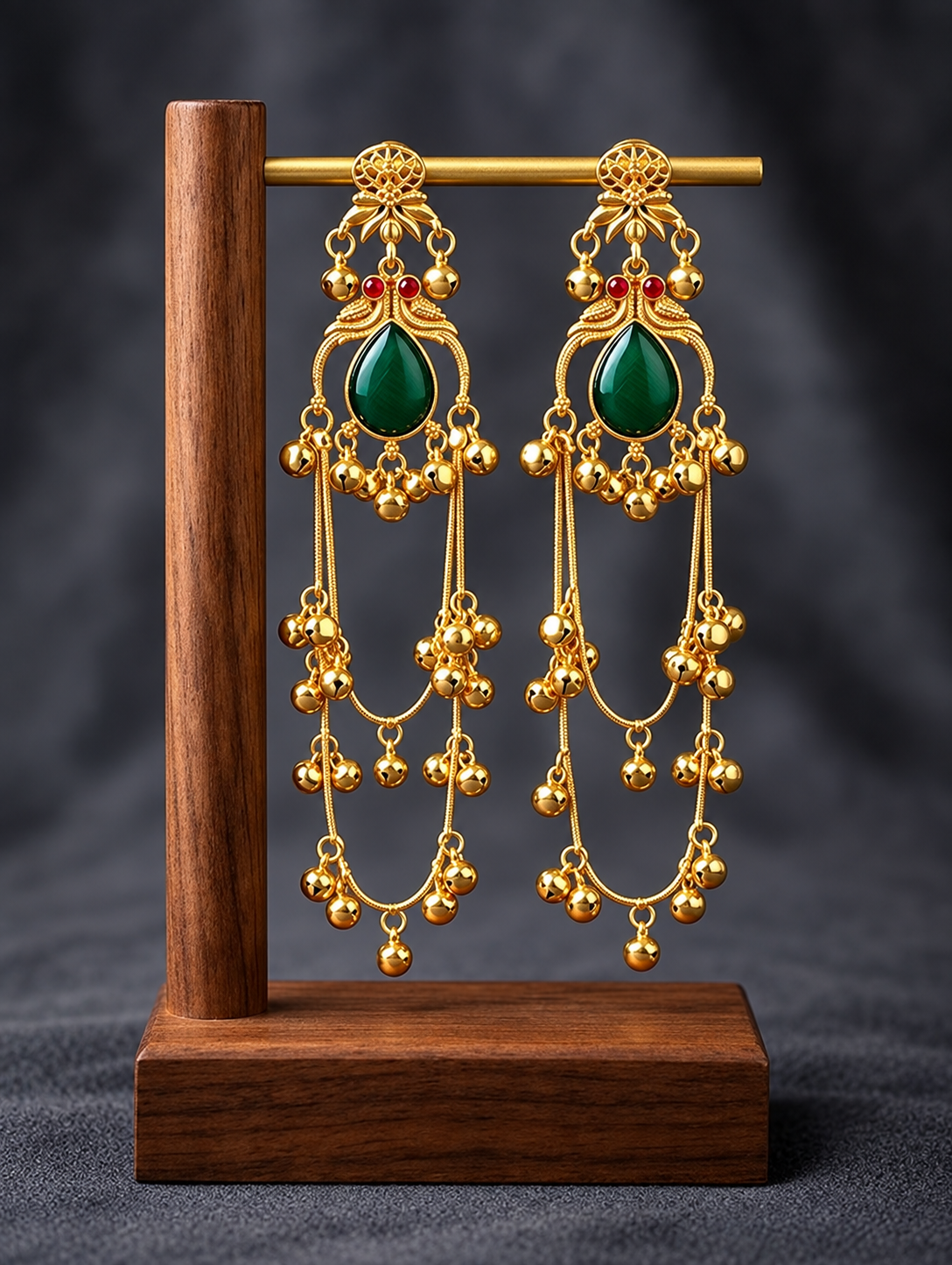 Kashmiri chandelier earring teardrop green stone and layered chain drop