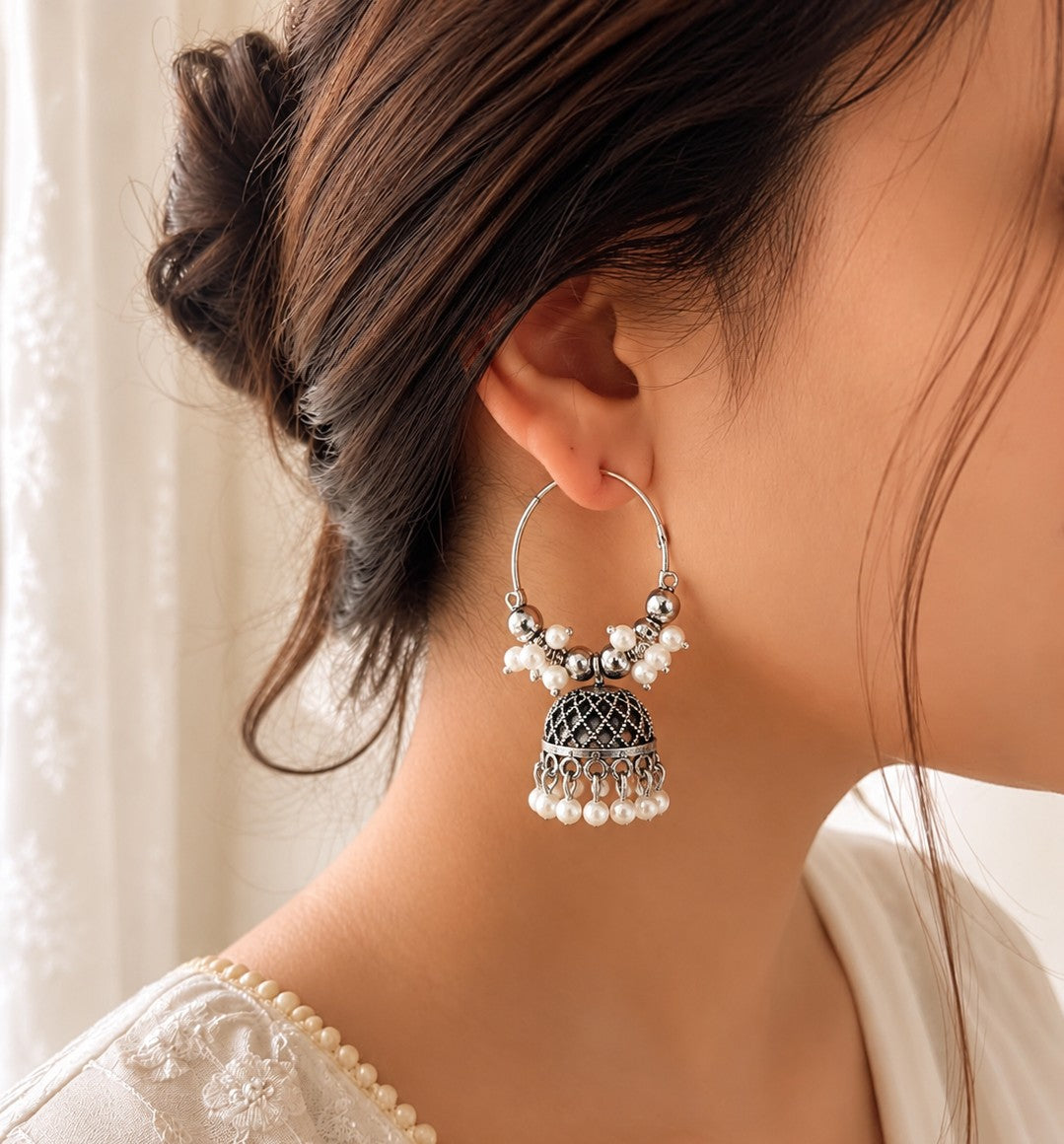 oxidised silver hoop jhumka earring with white pearl
