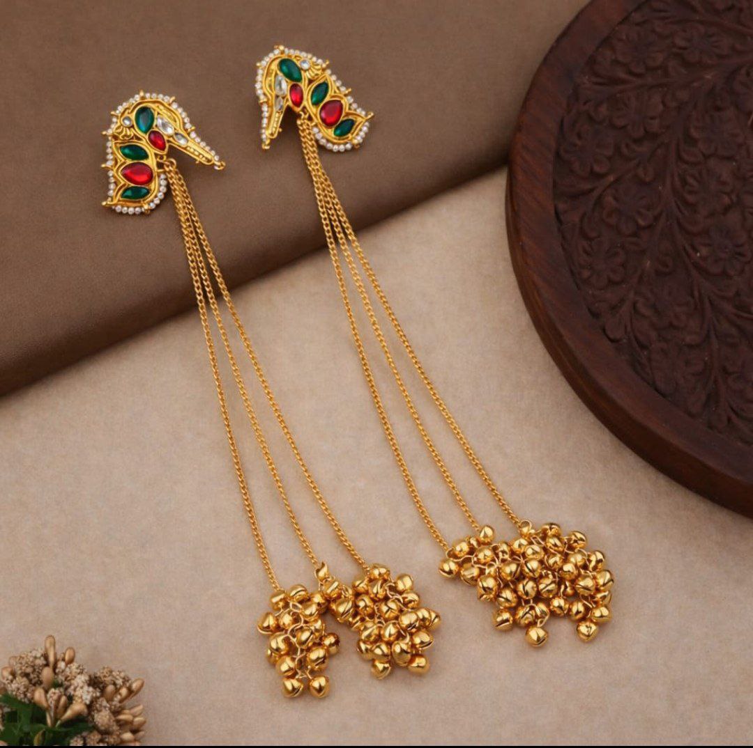 Kashmiri long chain earring featuring colorful red and green stone
