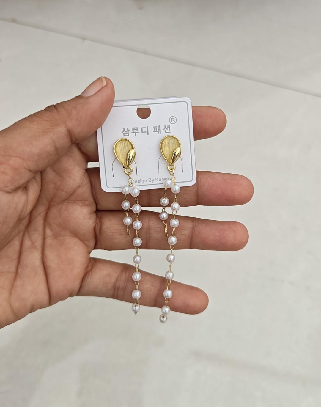 Gold-Plated Long Pearl Drop Earrings