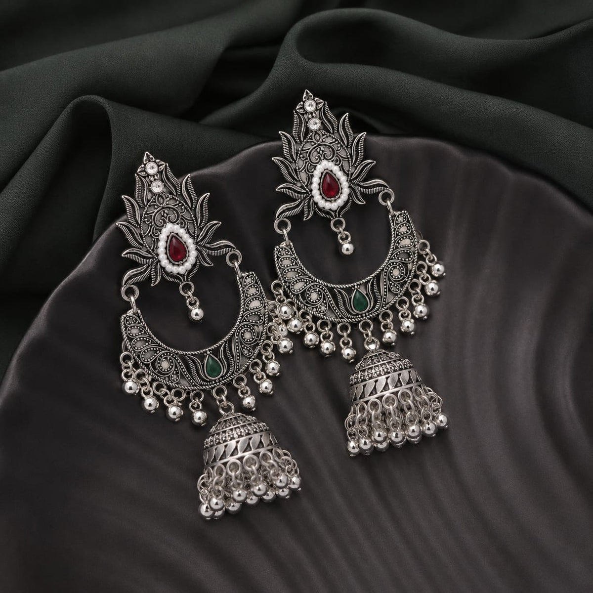 Traditional silver-oxidized teardrop jhumka earring