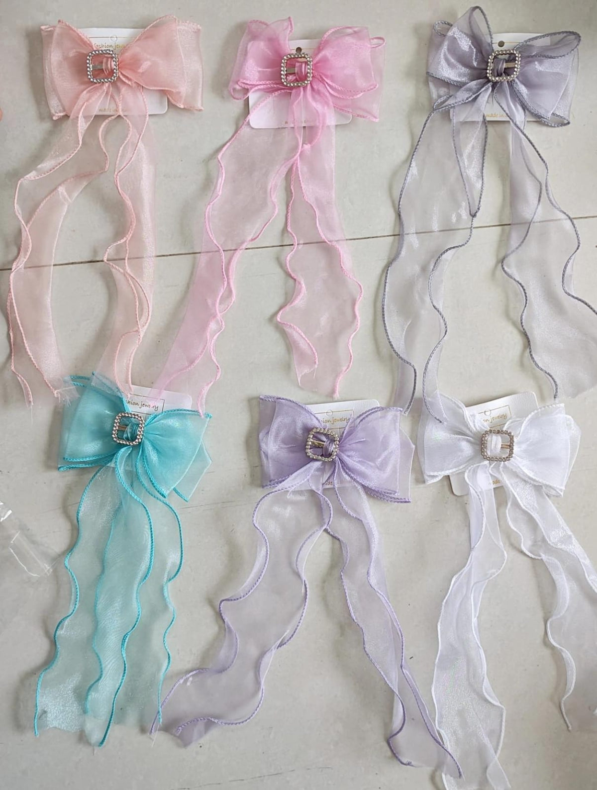 Set of 6 organza long-tail bow hair clips with rhinestone buckle centers,