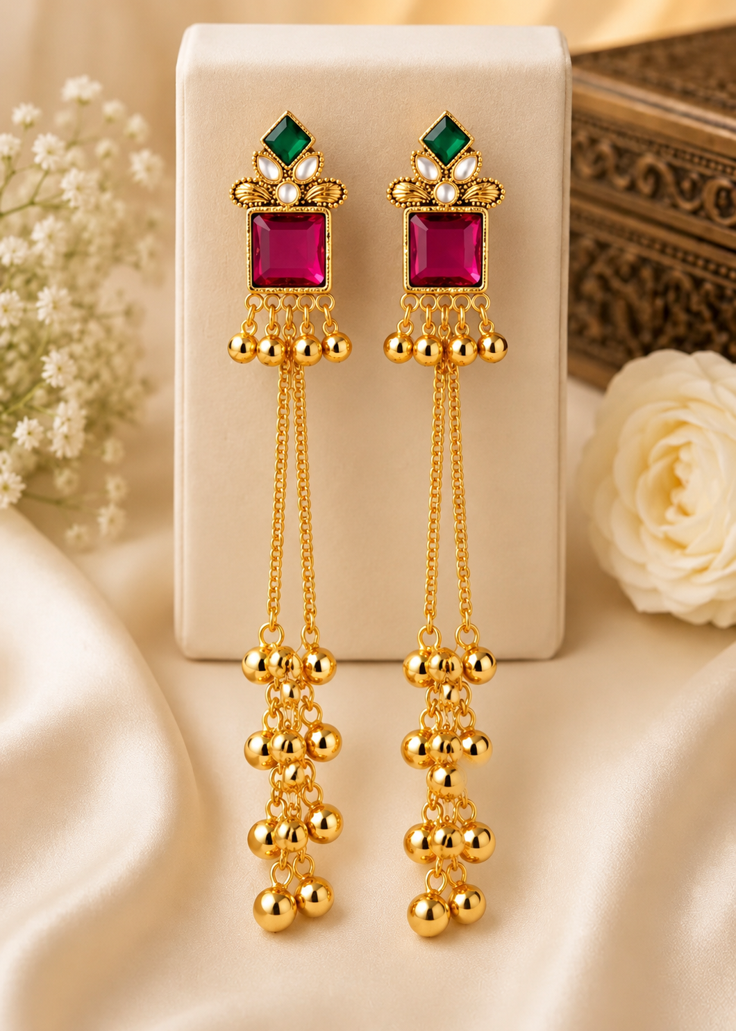 Kashmiri long-chain earring with pink stone