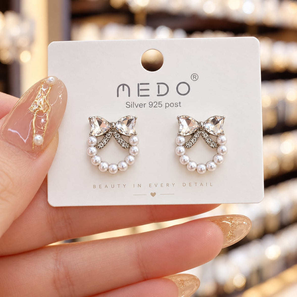 bow and faux pearl wreath stud earrings featuring clear crystals.