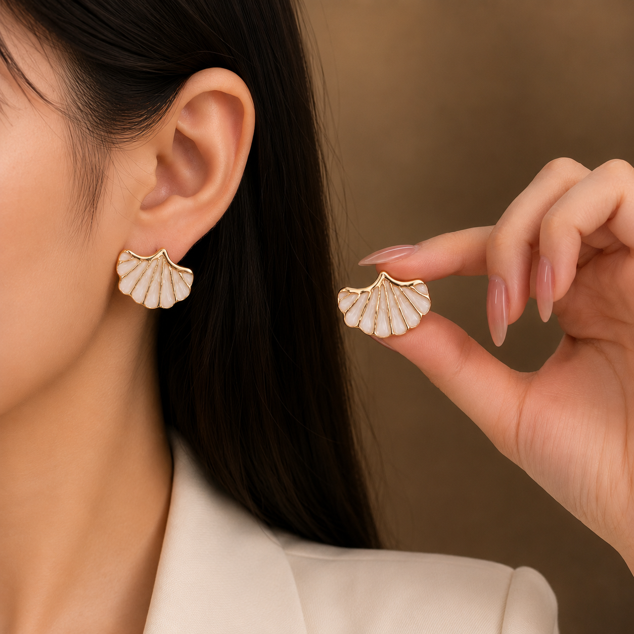 Korean Design White Golden Earring