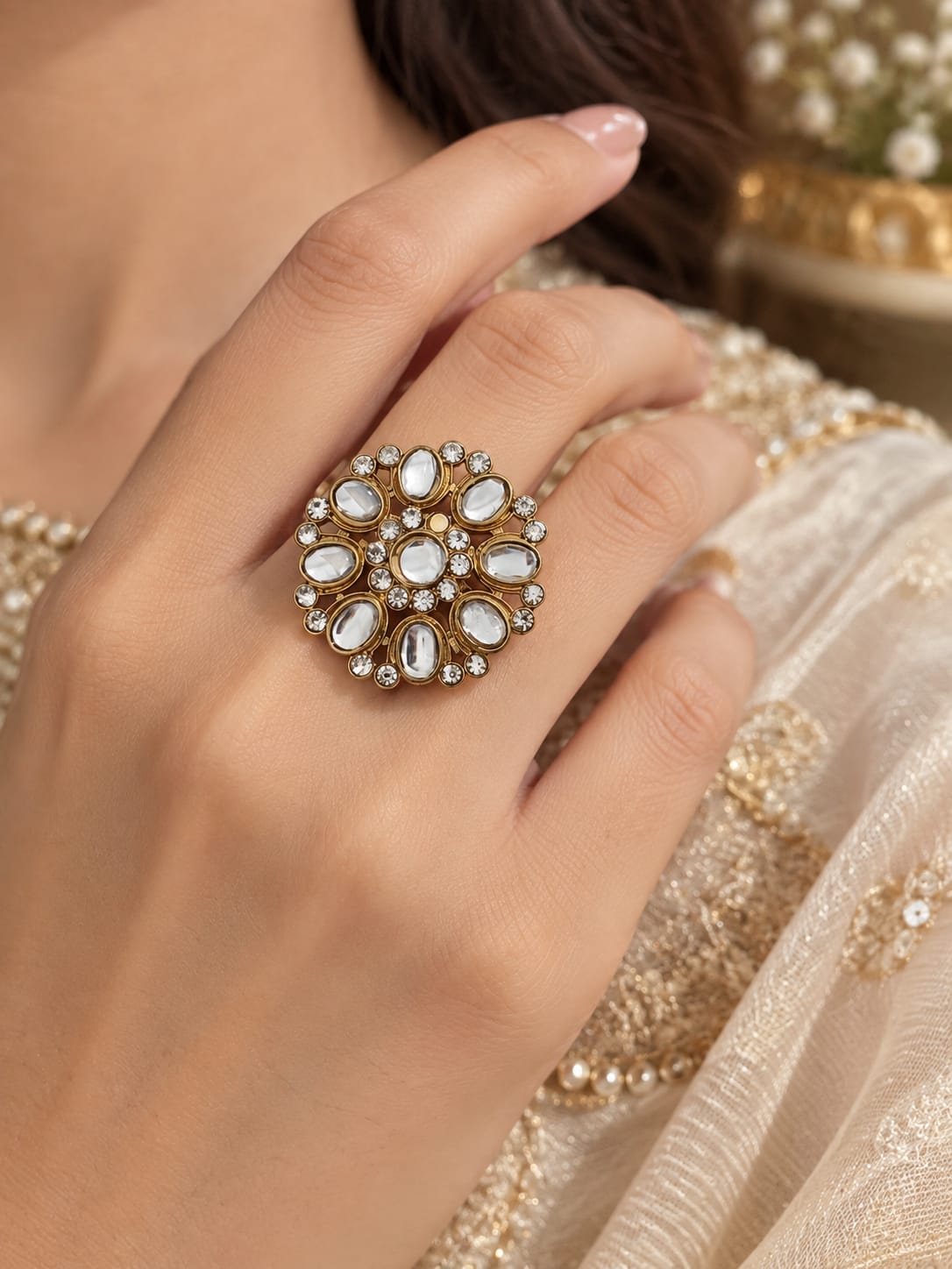 Kundan Polki Floral Statement Ring