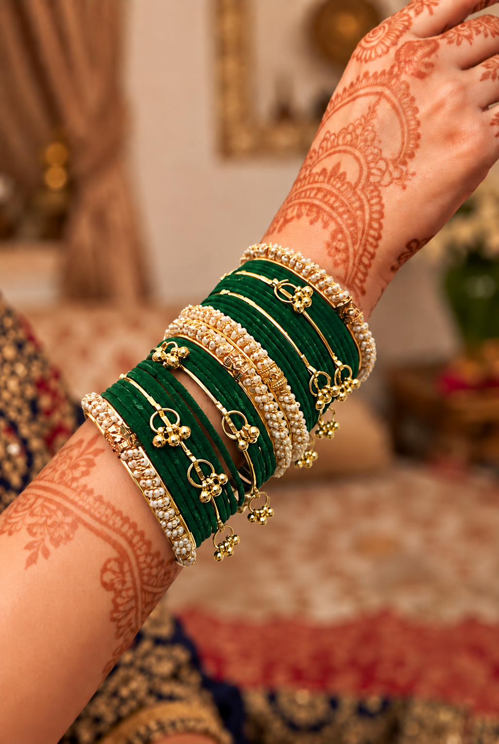 Dark Green Pearl Thread with Kashmiri Bangle Set